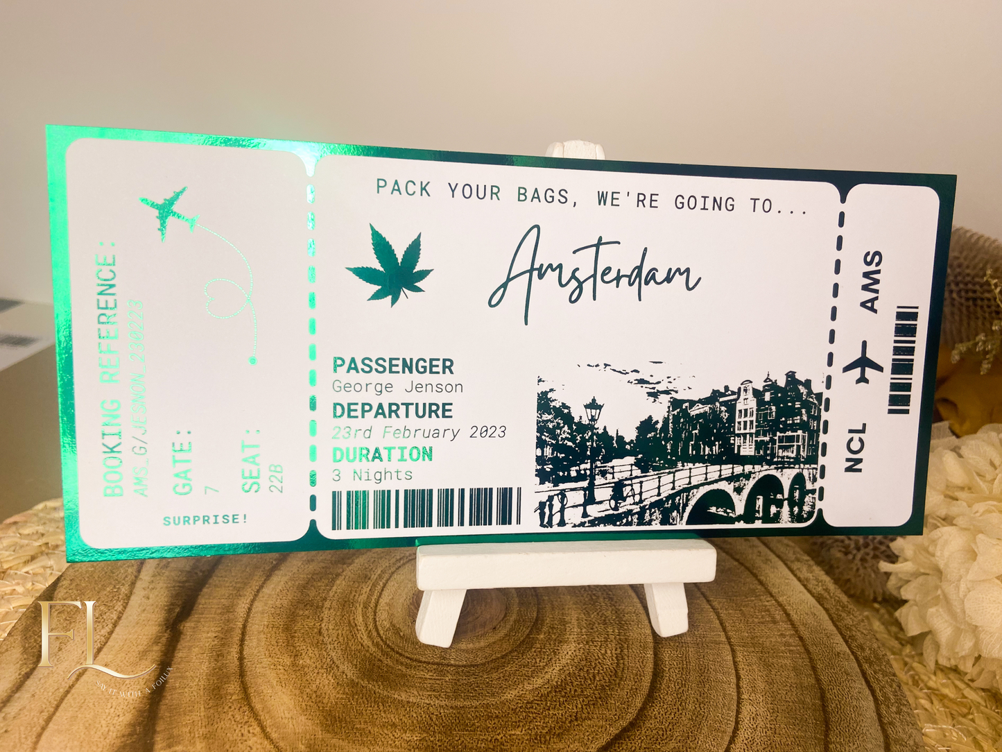 Amsterdam Holiday surprise reveal foil boarding pass | Surprise Trip Gift
