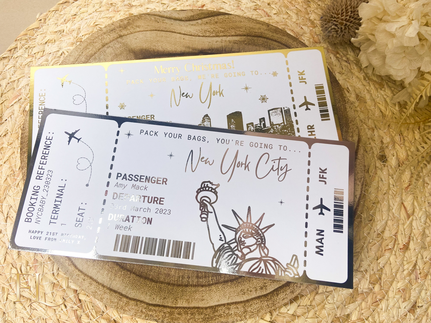 New York Holiday surprise reveal foil boarding pass | Surprise Trip Gift