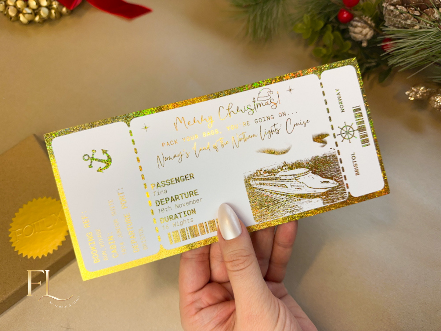 Surprise Cruise Holiday surprise reveal foil boarding pass