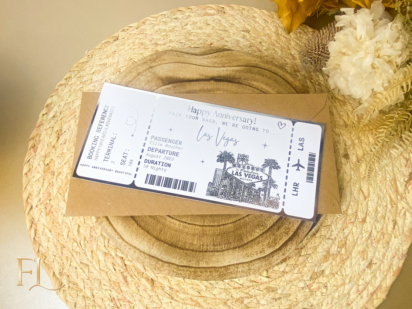 Las Vegas Holiday surprise reveal foil boarding pass | Surprise Trip Gift