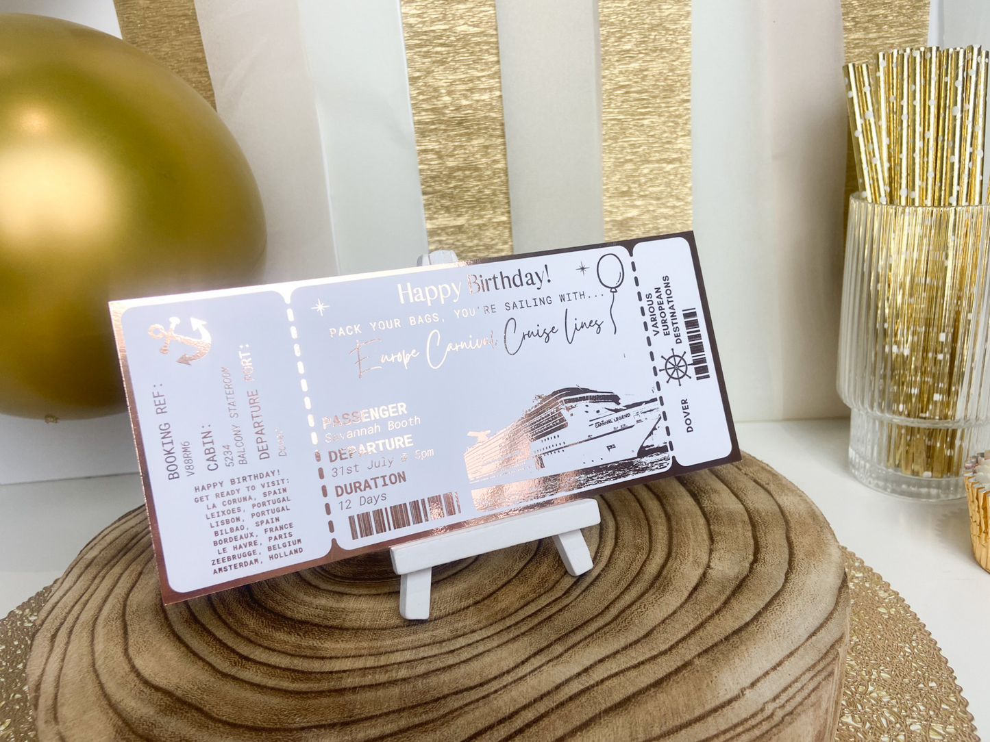 Surprise Cruise Holiday surprise reveal foil boarding pass