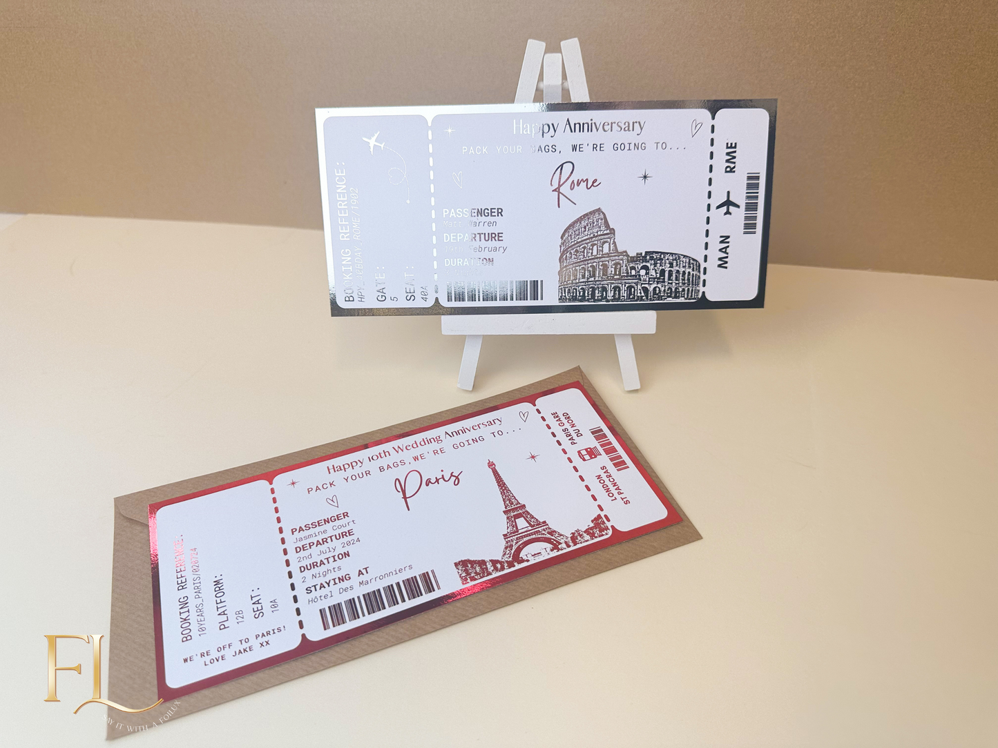 Rome Holiday surprise reveal foil boarding pass | Surprise Trip Gift