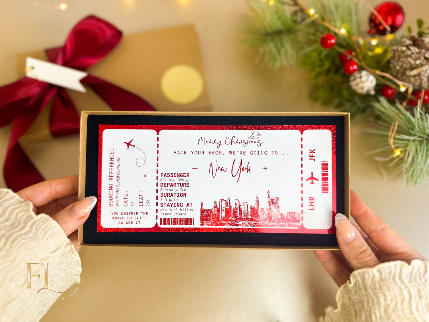Christmas ANY DESTINATION Holiday surprise reveal foil boarding pass | Surprise Trip Gift