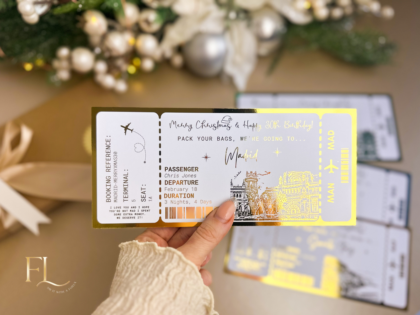 Christmas ANY DESTINATION Holiday surprise reveal foil boarding pass | Surprise Trip Gift