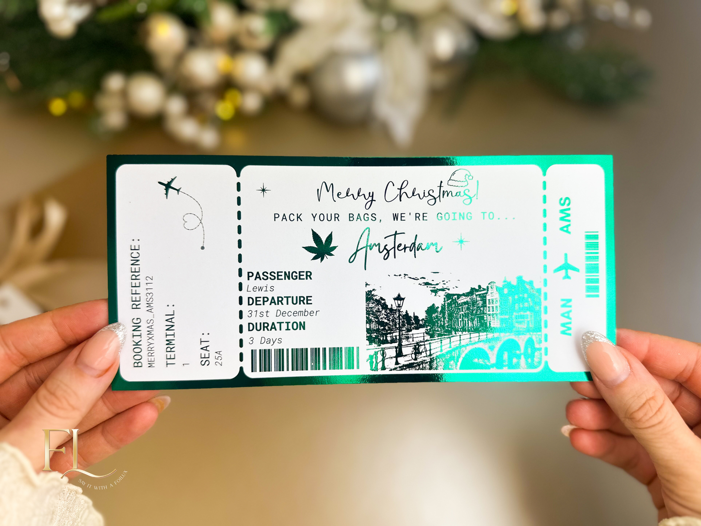 Christmas ANY DESTINATION Holiday surprise reveal foil boarding pass | Surprise Trip Gift