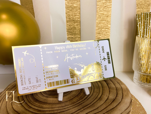 Amsterdam Holiday surprise reveal foil boarding pass | Surprise Trip Gift
