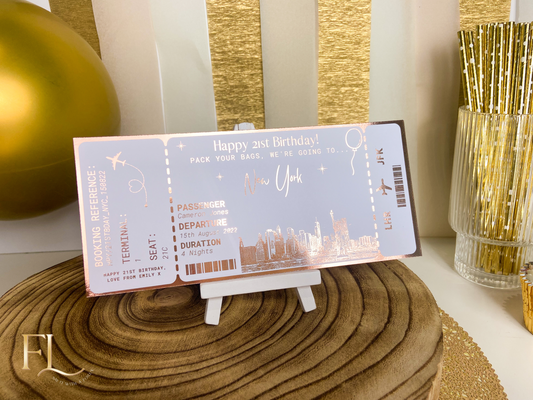 New York Holiday surprise reveal foil boarding pass | Surprise Trip Gift