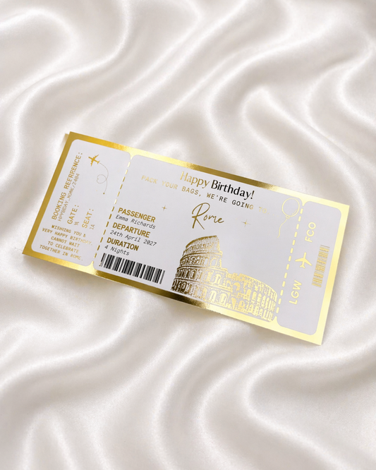 Rome Holiday surprise reveal foil boarding pass | Surprise Trip Gift