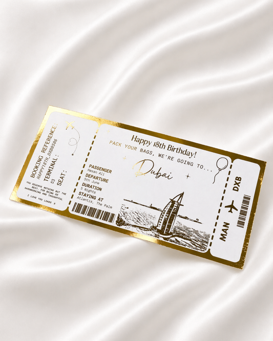 Dubai Holiday surprise reveal foil boarding pass | Surprise Trip Gift