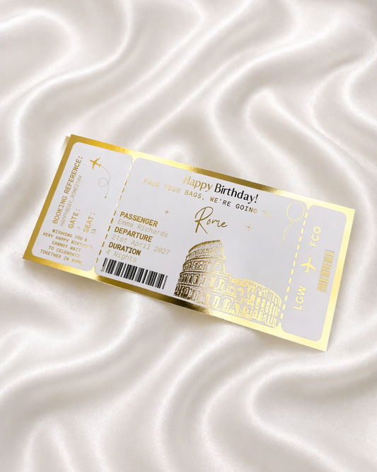 Rome Holiday surprise reveal foil boarding pass | Surprise Trip Gift
