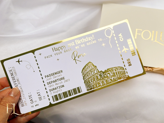 Rome Holiday surprise reveal foil boarding pass | Surprise Trip Gift