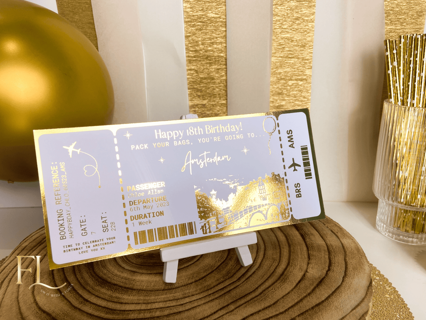 Amsterdam Holiday surprise reveal foil boarding pass | Surprise Trip Gift - Foilux