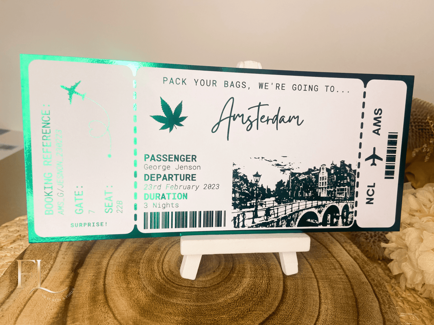 Amsterdam Holiday surprise reveal foil boarding pass | Surprise Trip Gift - Foilux