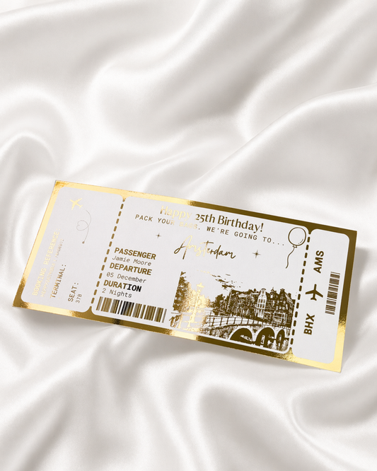 Amsterdam Holiday surprise reveal foil boarding pass | Surprise Trip Gift