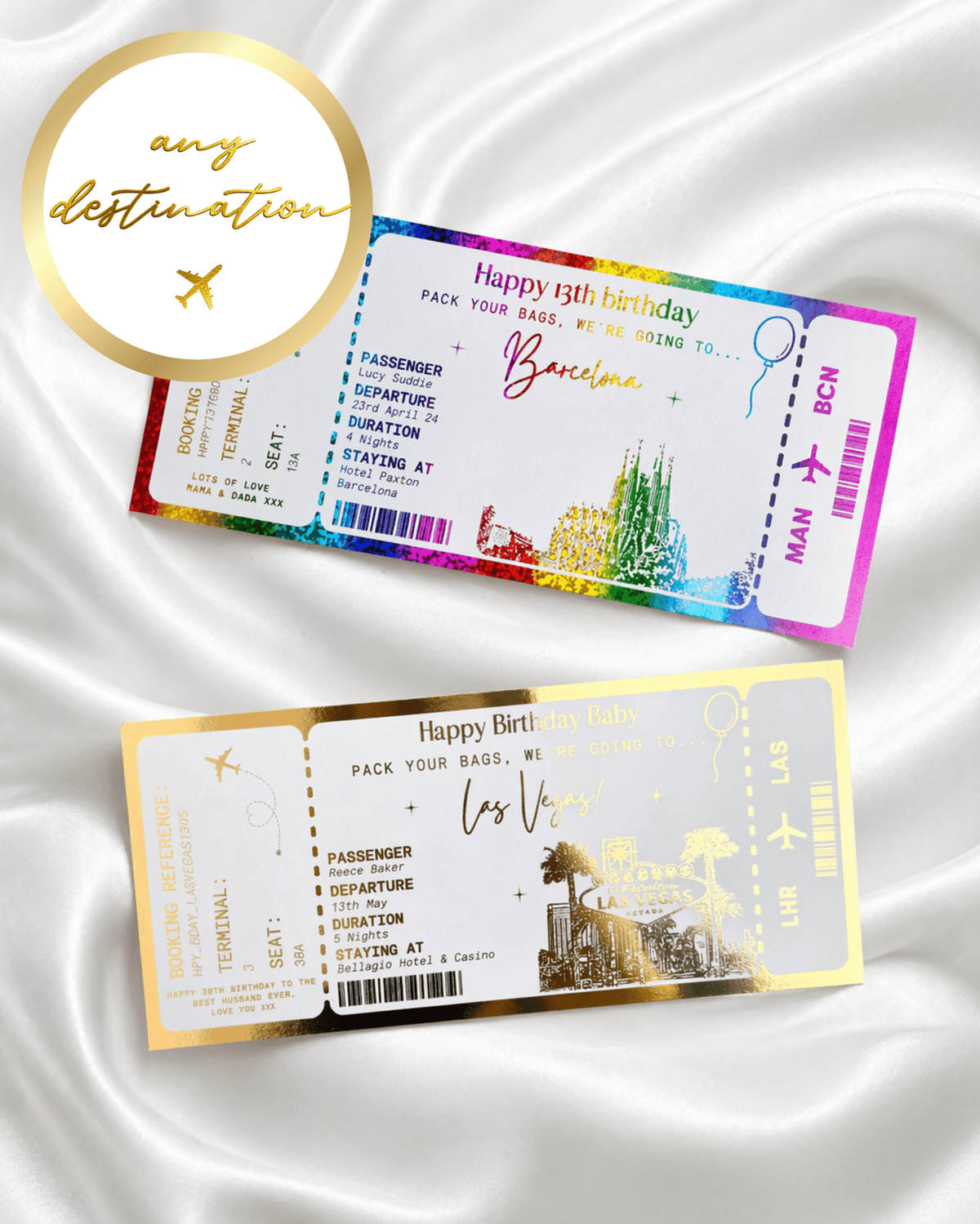 ANY DESTINATION Holiday surprise reveal foil boarding pass | Surprise Trip Gift - Foilux