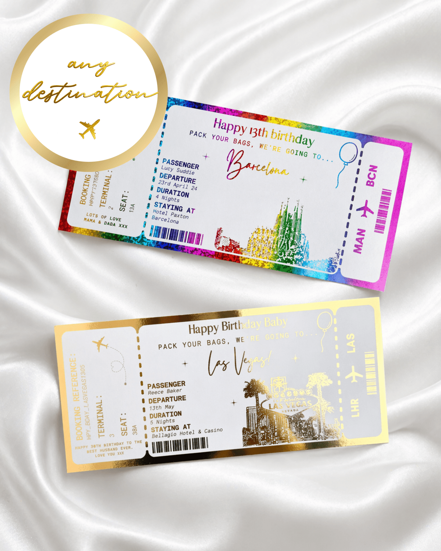 ANY DESTINATION Holiday surprise reveal foil boarding pass | Surprise Trip Gift - Foilux