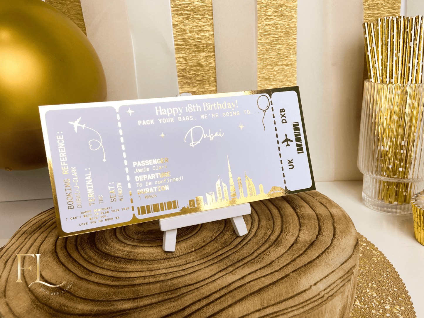 Dubai Holiday surprise reveal foil boarding pass | Surprise Trip Gift - Foilux