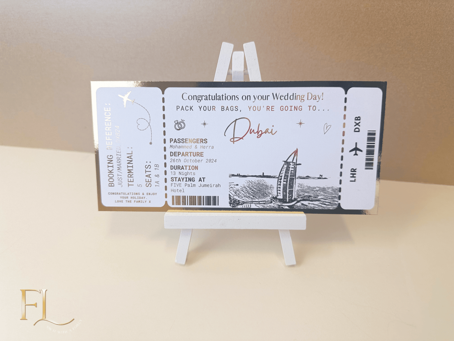 Dubai Holiday surprise reveal foil boarding pass | Surprise Trip Gift - Foilux