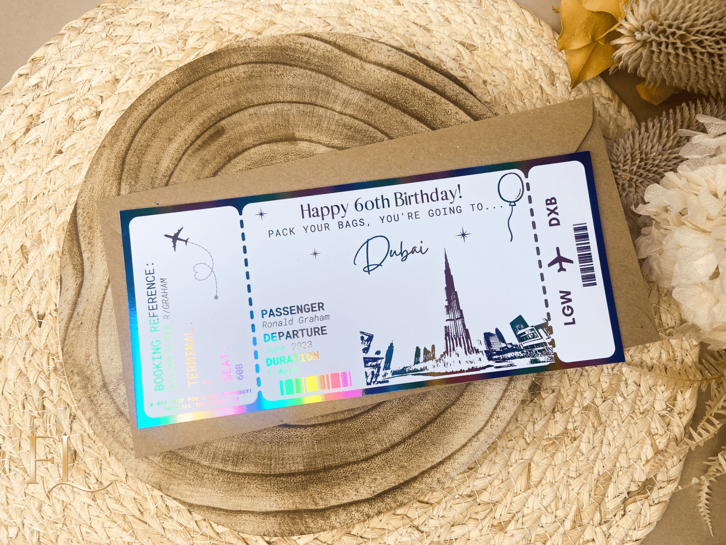 Dubai Holiday surprise reveal foil boarding pass | Surprise Trip Gift - Foilux