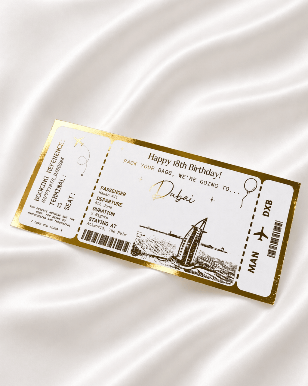 Dubai Holiday surprise reveal foil boarding pass | Surprise Trip Gift - Foilux