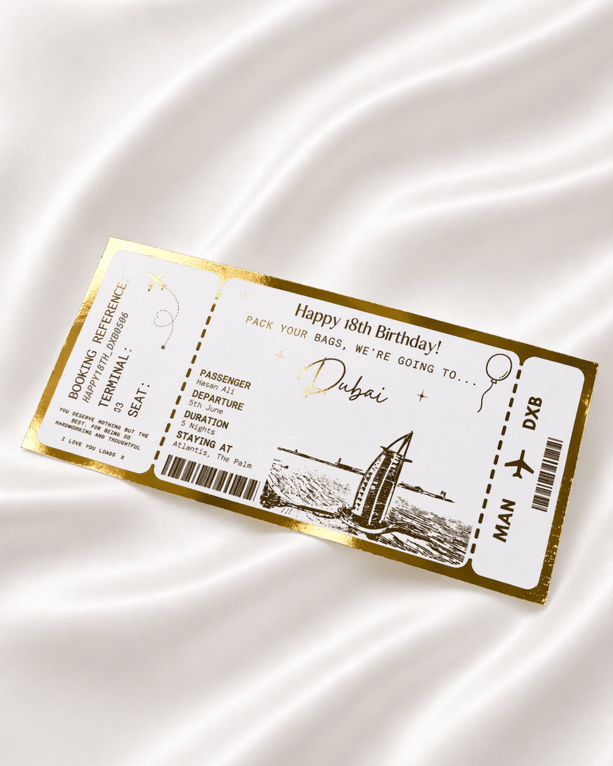 Dubai Holiday surprise reveal foil boarding pass | Surprise Trip Gift - Foilux