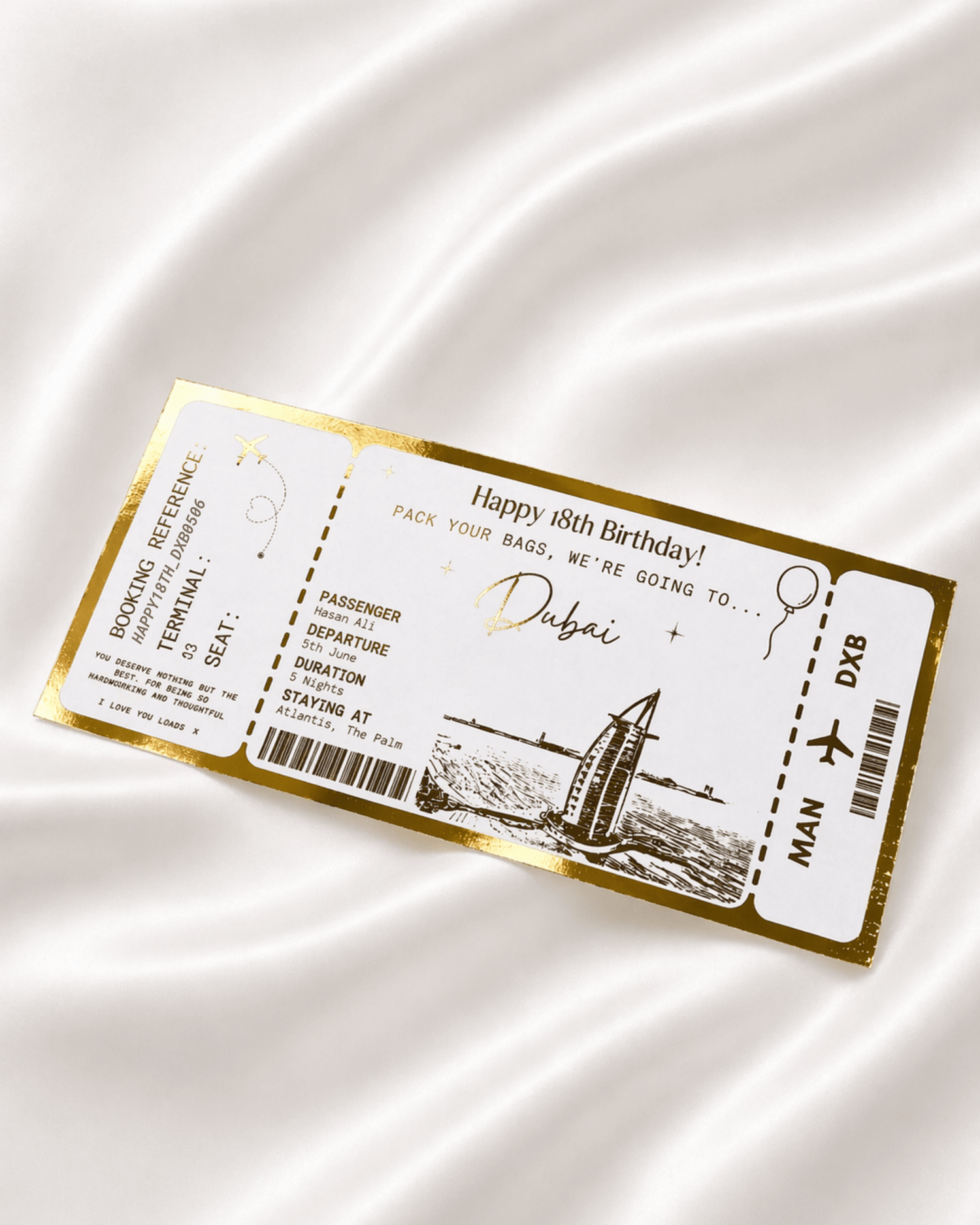 Dubai Holiday surprise reveal foil boarding pass | Surprise Trip Gift - Foilux