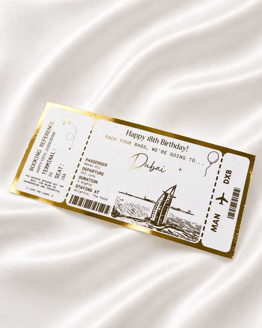 Dubai Holiday surprise reveal foil boarding pass | Surprise Trip Gift