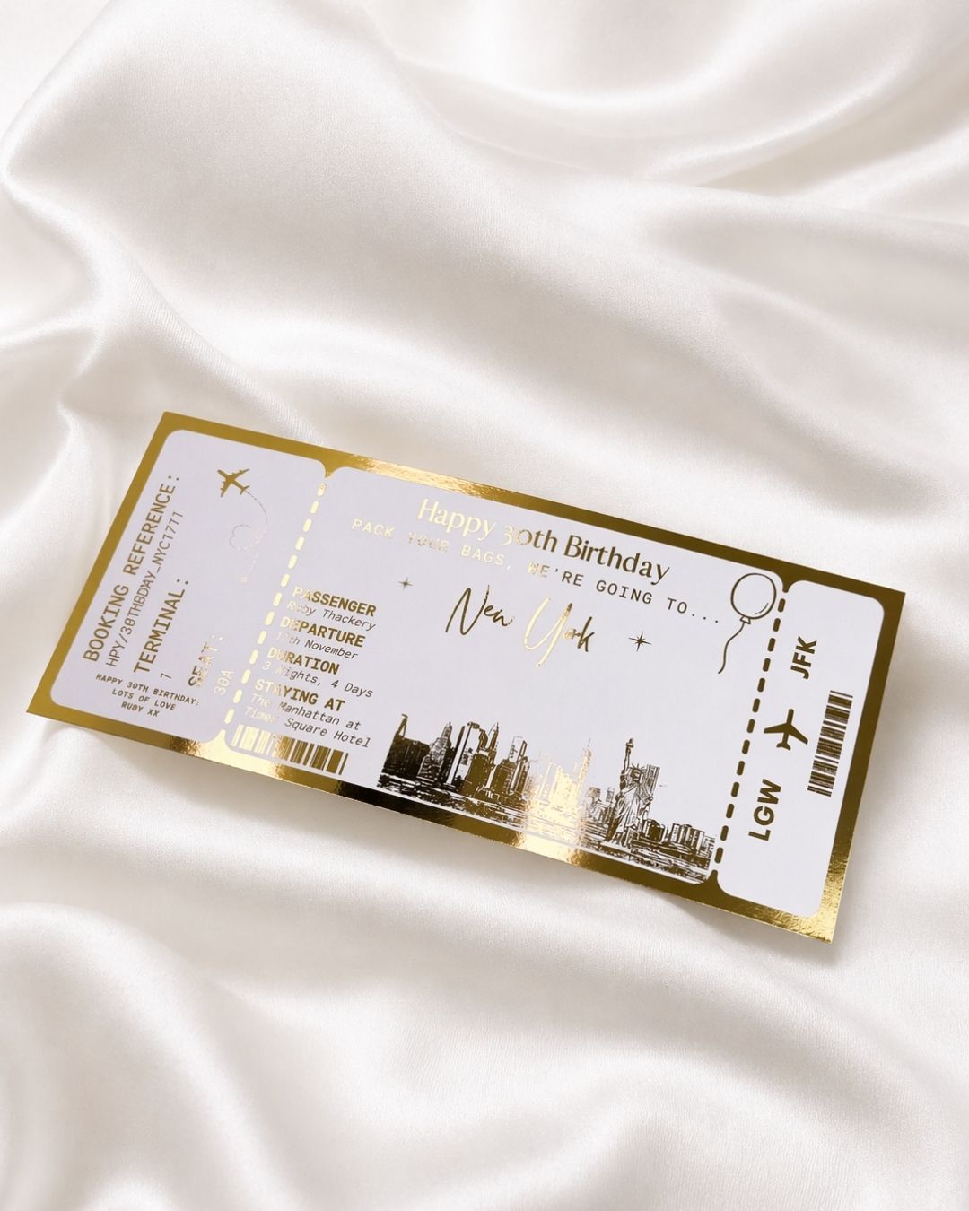 New York Holiday surprise reveal foil boarding pass | Surprise Trip Gift - Foilux