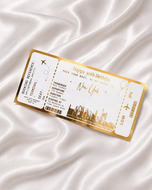 New York Holiday surprise reveal foil boarding pass | Surprise Trip Gift