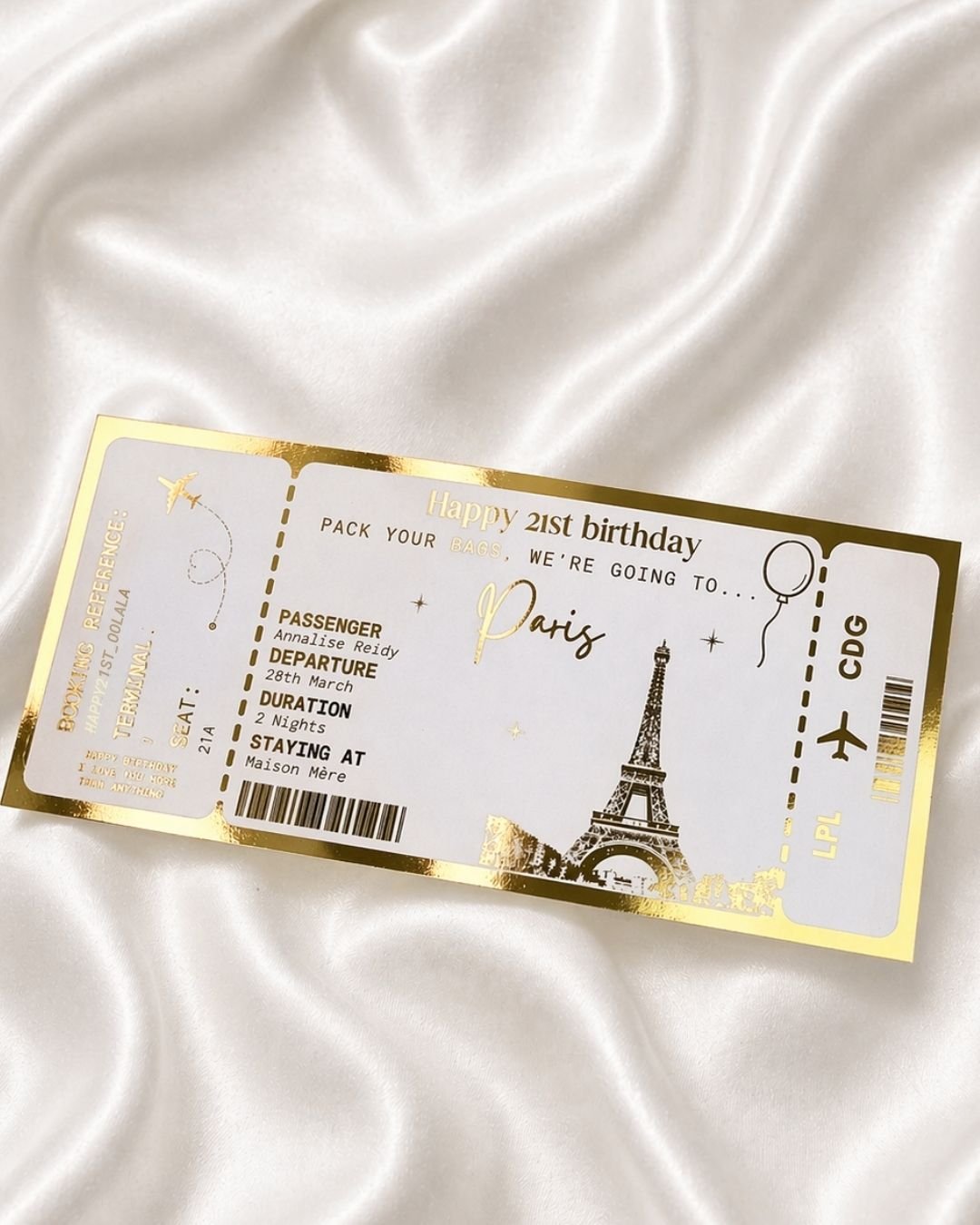 Paris Holiday surprise reveal foil boarding pass | Surprise Trip Gift - Foilux