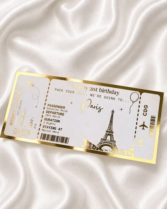 Paris Holiday surprise reveal foil boarding pass | Surprise Trip Gift - Foilux