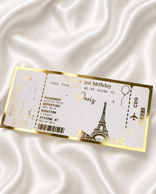 Paris Holiday surprise reveal foil boarding pass | Surprise Trip Gift
