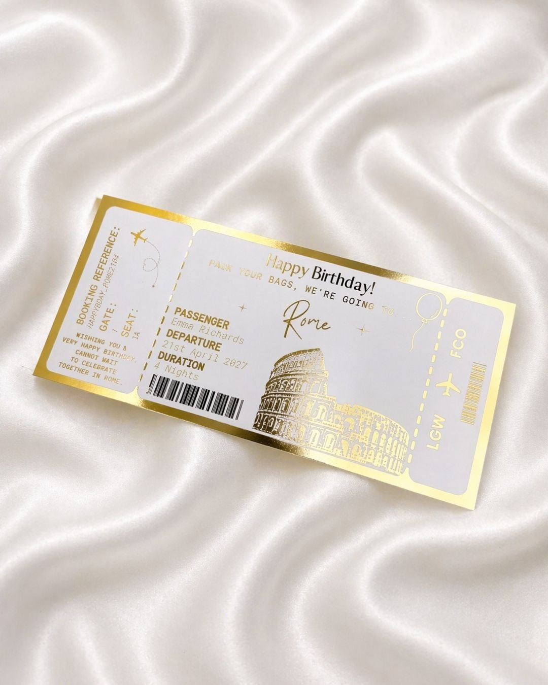 Rome Holiday surprise reveal foil boarding pass | Surprise Trip Gift - Foilux