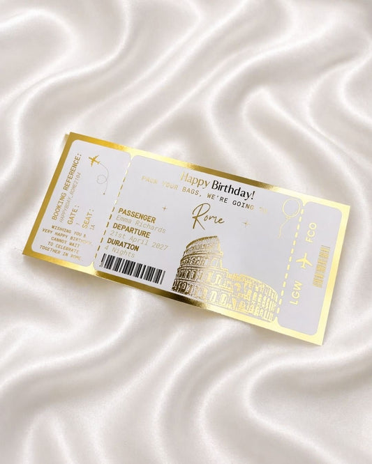 Rome Holiday surprise reveal foil boarding pass | Surprise Trip Gift - Foilux