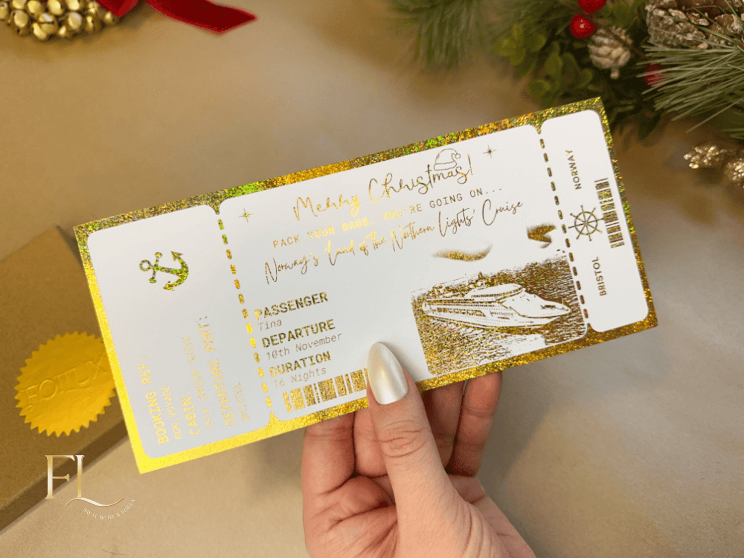 Surprise Cruise Holiday surprise reveal foil boarding pass - Foilux